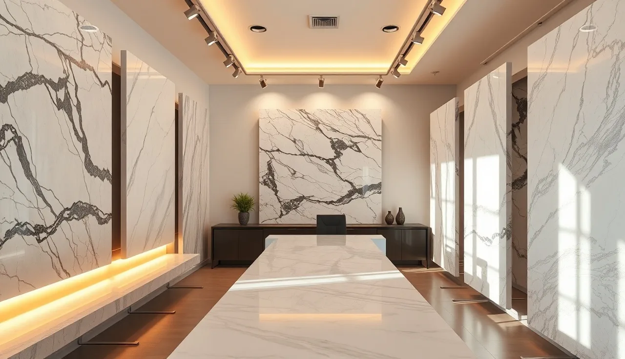 Stone slab samples displayed vertically in a well-lit countertop showroom interior