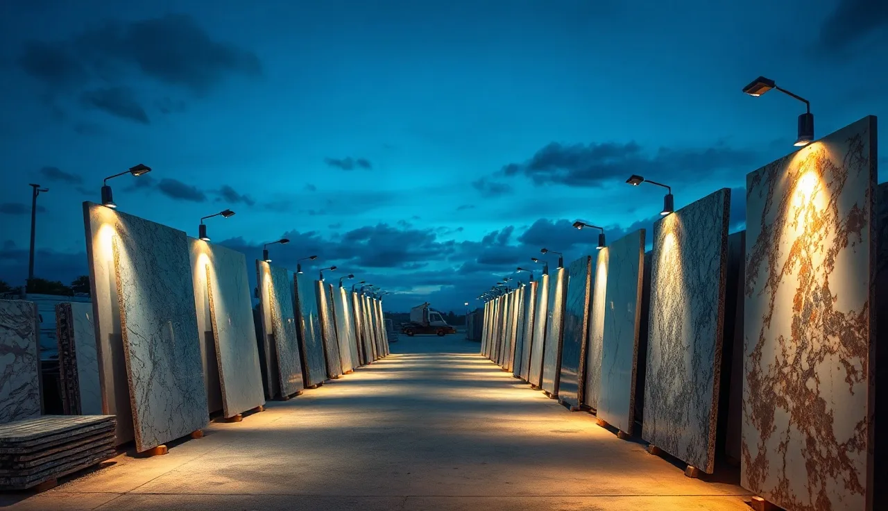 Stone yard display bay with angled LED flood lights illuminating vertical marble and granite slabs