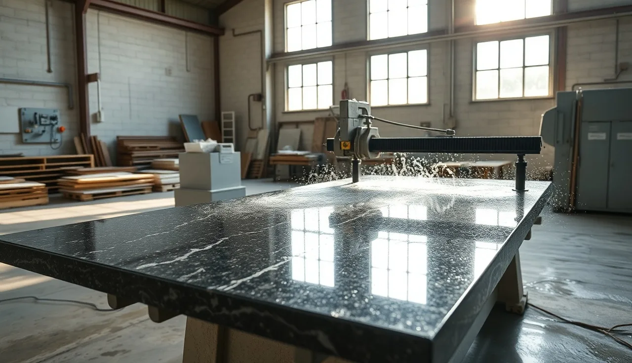 Bridge saw flooding a granite slab with water during wet cutting in a stone fabrication shop