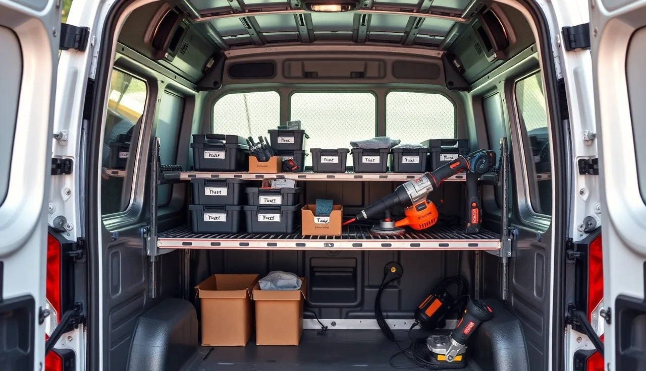 Open countertop installation van with organized shelving holding tools and adhesive supplies