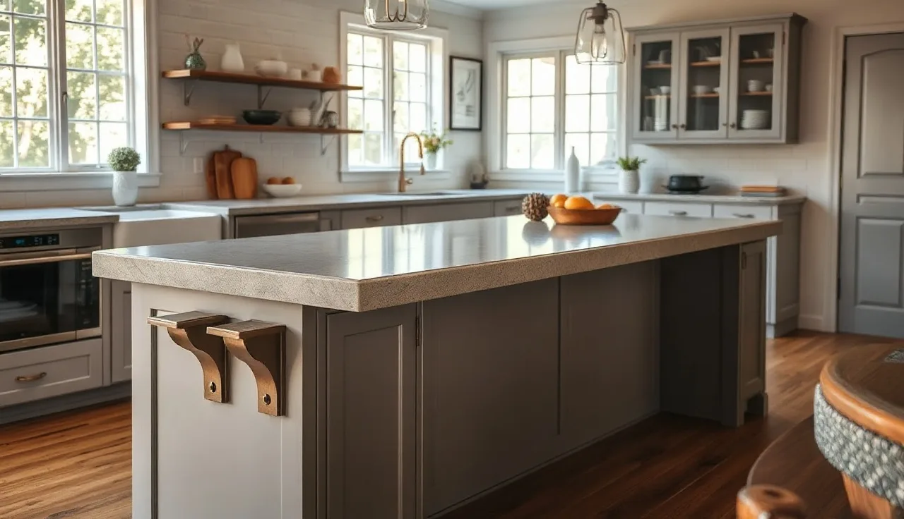 Kitchen island with stone countertop overhang and visible steel support corbels underneath