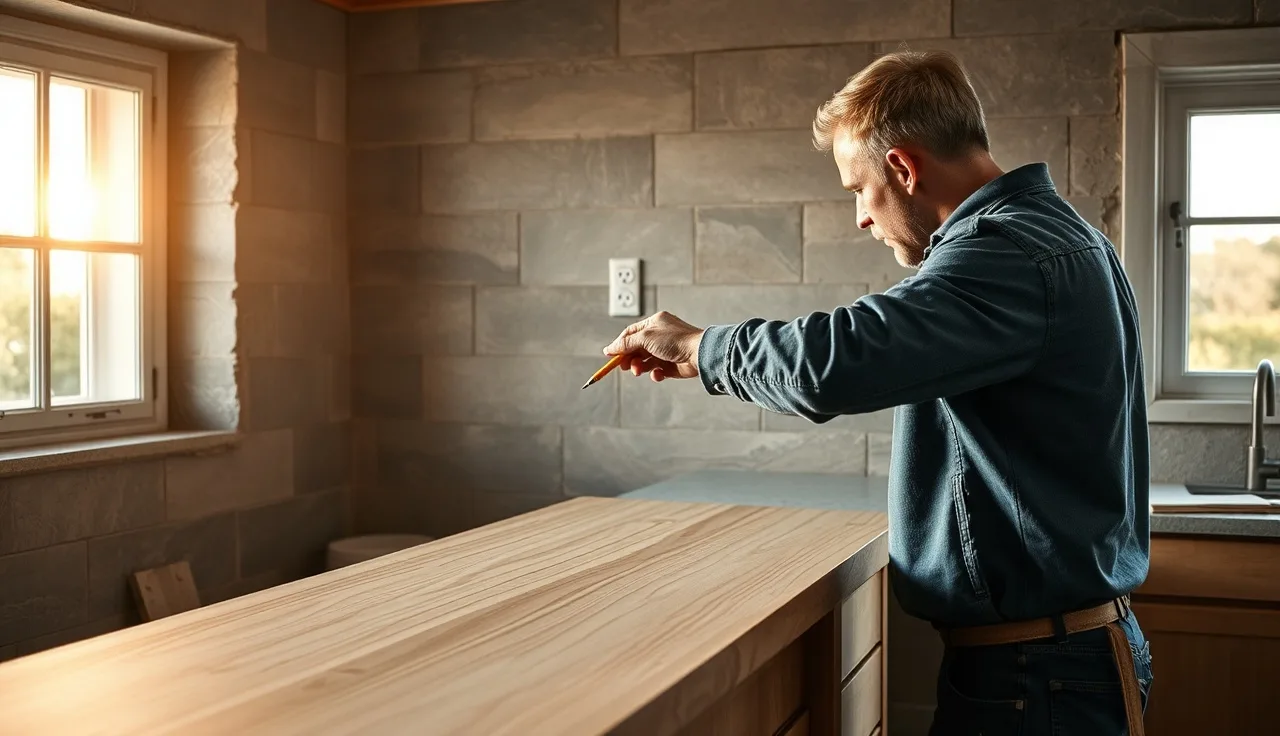 Fabricator templating a kitchen backsplash wall with exposed outlet boxes