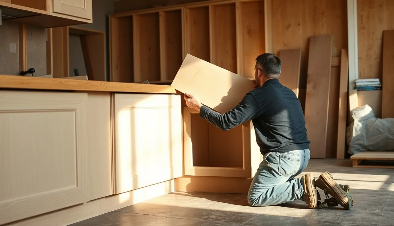 Fabricator fitting a luan countertop template into an L-shaped kitchen inside corner