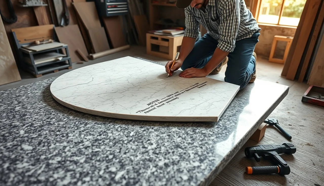 Fabricator tracing a curved luan countertop template onto a granite slab in a workshop
