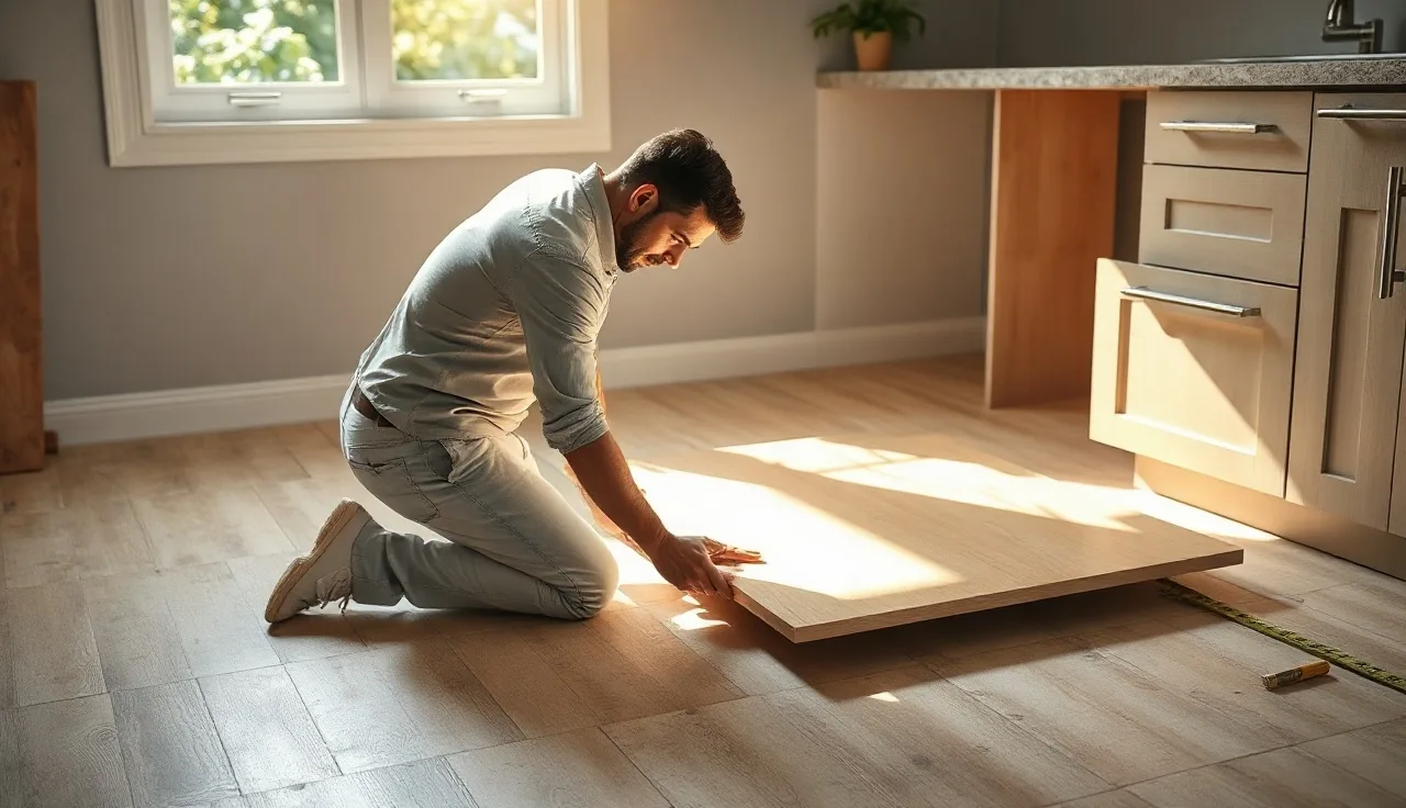 Countertop templater pressing luan strips into an L-shaped kitchen cabinet corner