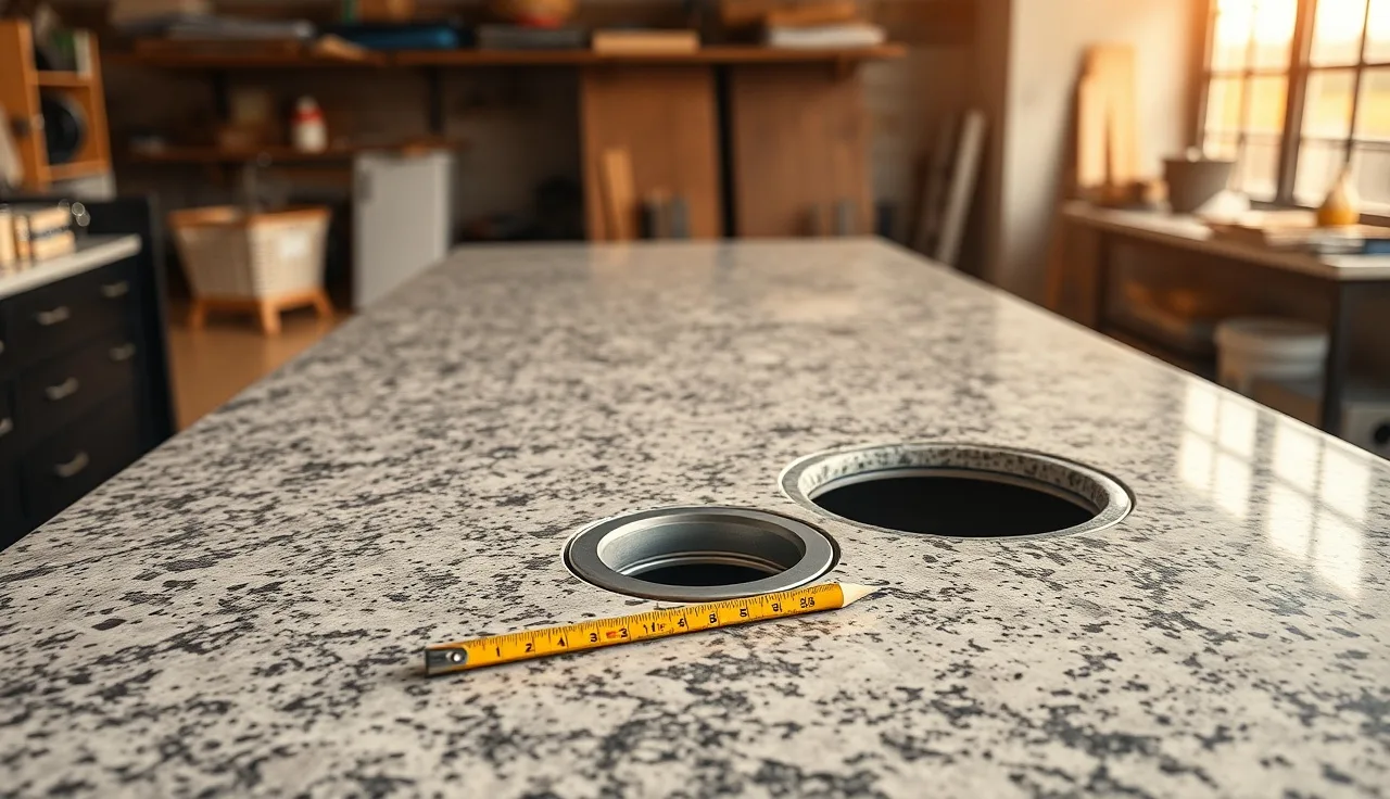 Open pop-up outlet box flush in a polished granite kitchen island countertop