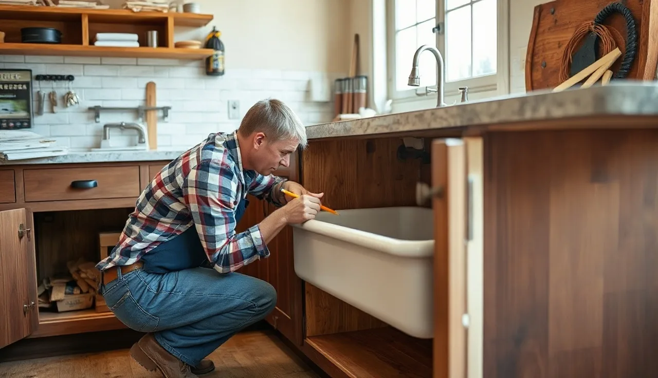 Fabricator templating an apron front sink countertop cutout in a workshop