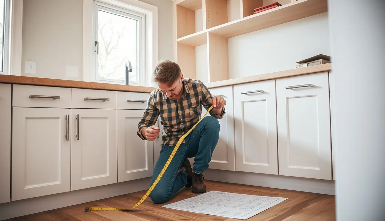 Homeowner measuring kitchen cabinet run with tape measure for countertop template