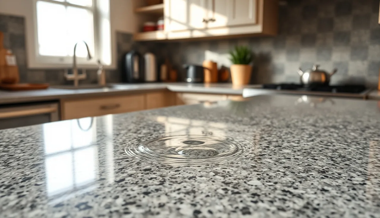 Water beading on a polished gray granite countertop in a kitchen