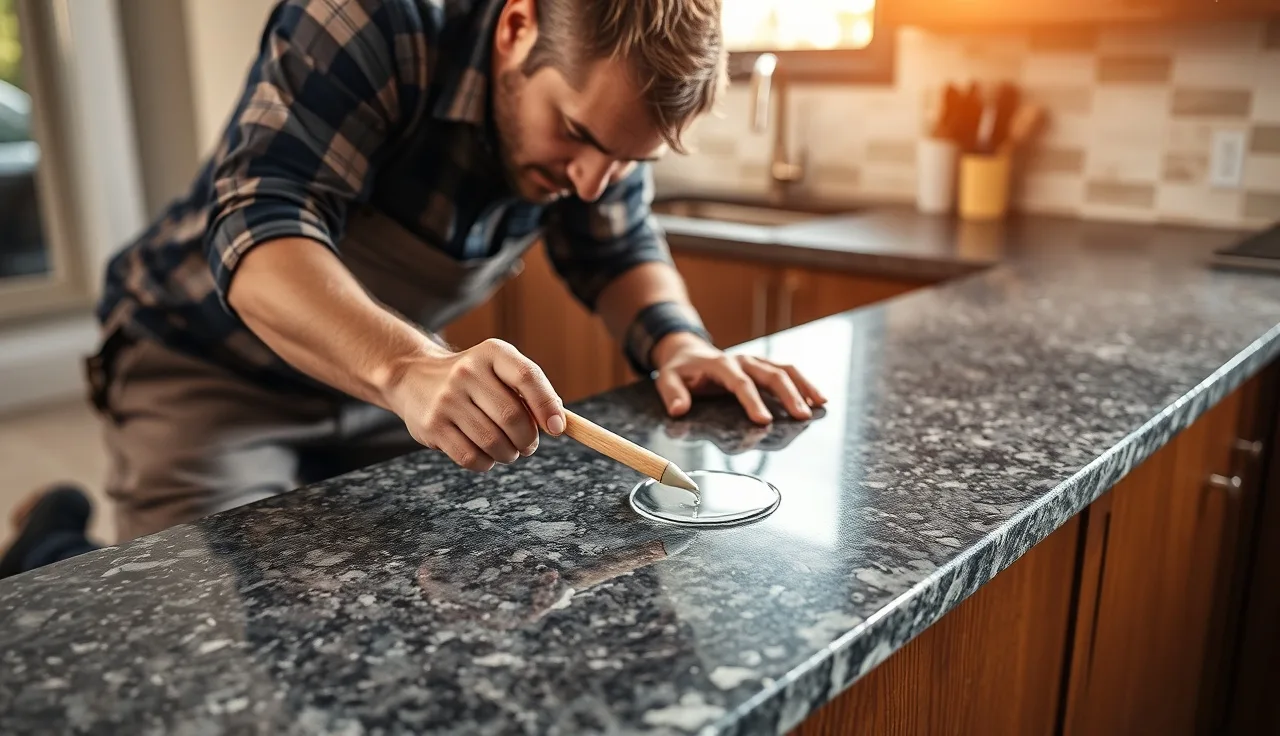 Installer applying epoxy resin to a chipped granite countertop corner at install