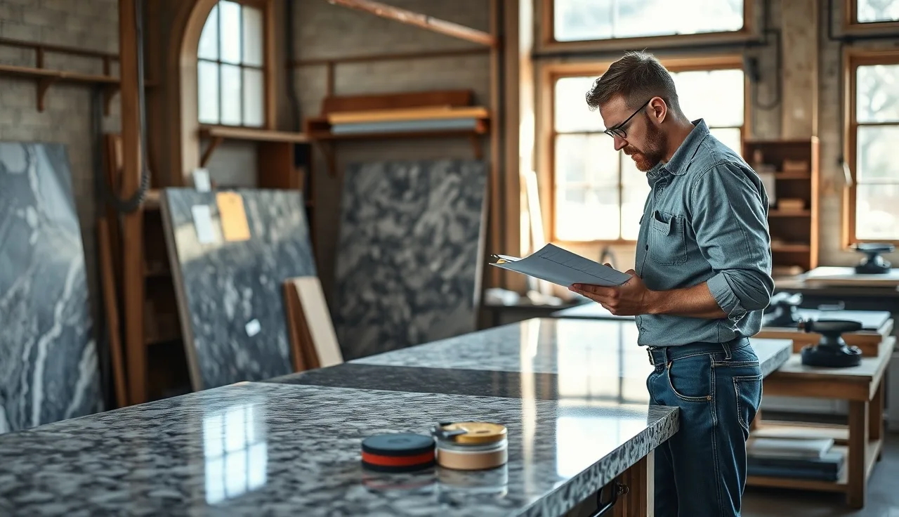 Fabricator reviewing job cost clipboard beside a cut granite slab in a stone shop