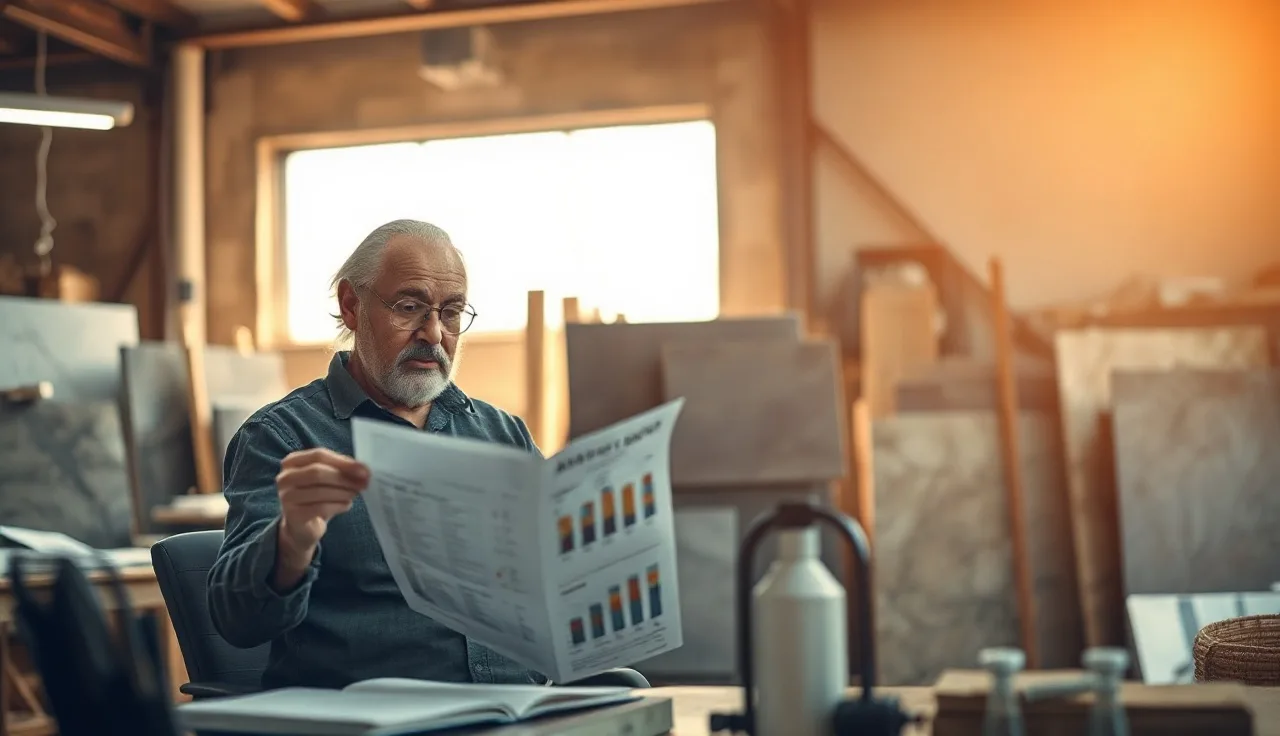 Fabricator reviewing marketing ROI report at shop desk with stone slabs behind