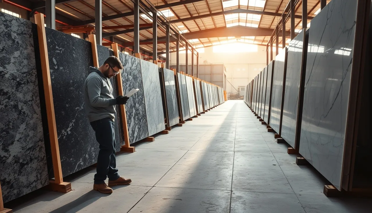 Worker checking an inventory tag on a large stone slab standing in an A-frame rack