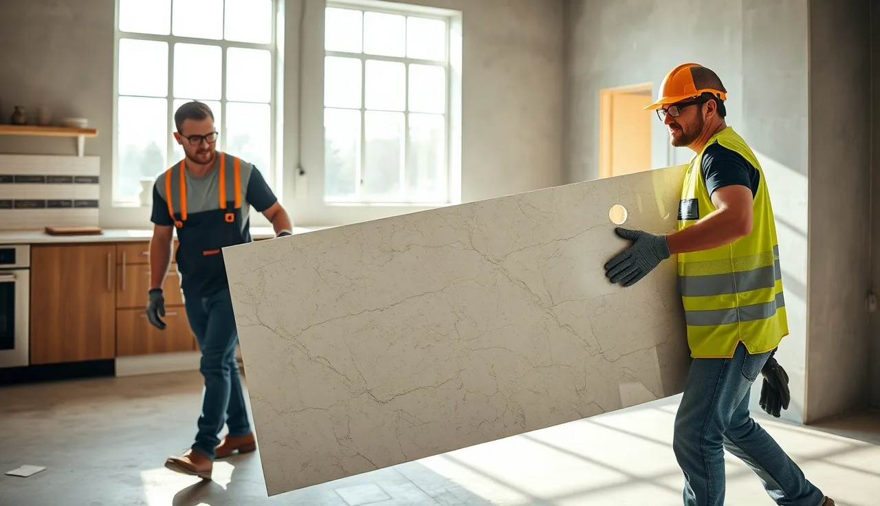 Two workers in safety gear carrying a heavy stone countertop slab on edge through a kitchen