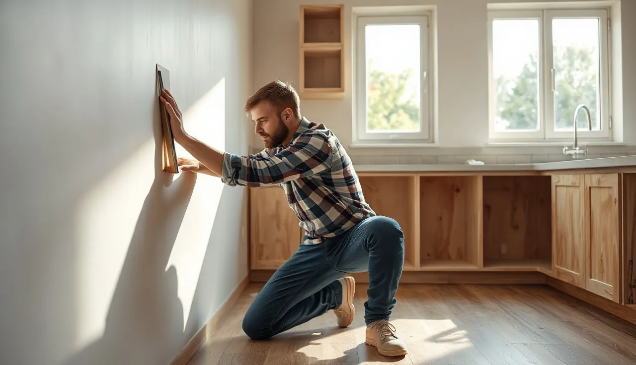 Templater scribing a cardboard template against a kitchen wall corner during training