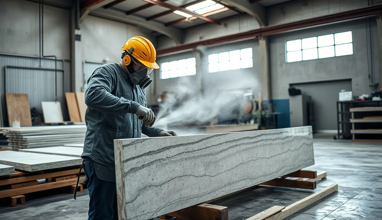 Fabricator wearing respirator using a wet saw to cut a stone countertop slab