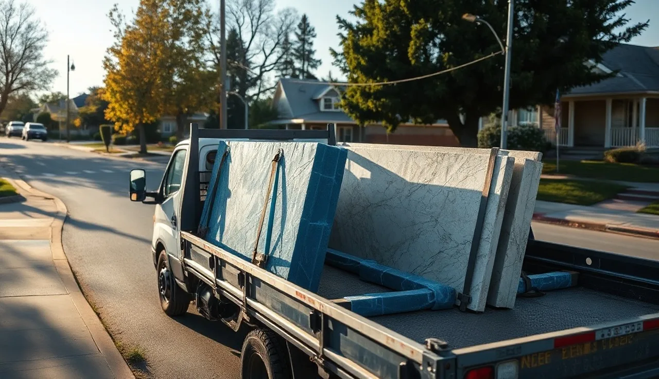 Flatbed truck with A-frame rack carrying two padded stone slabs secured with ratchet straps
