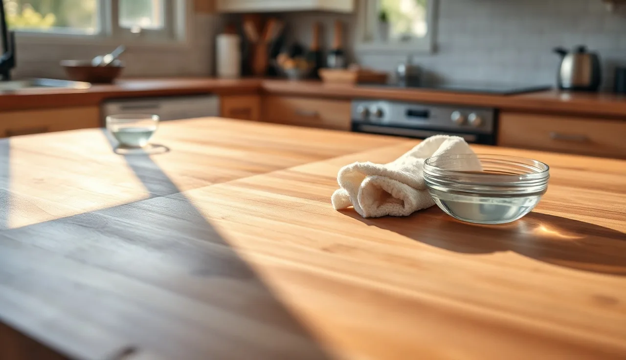 Hands applying mineral oil to a butcher block countertop with a white cloth