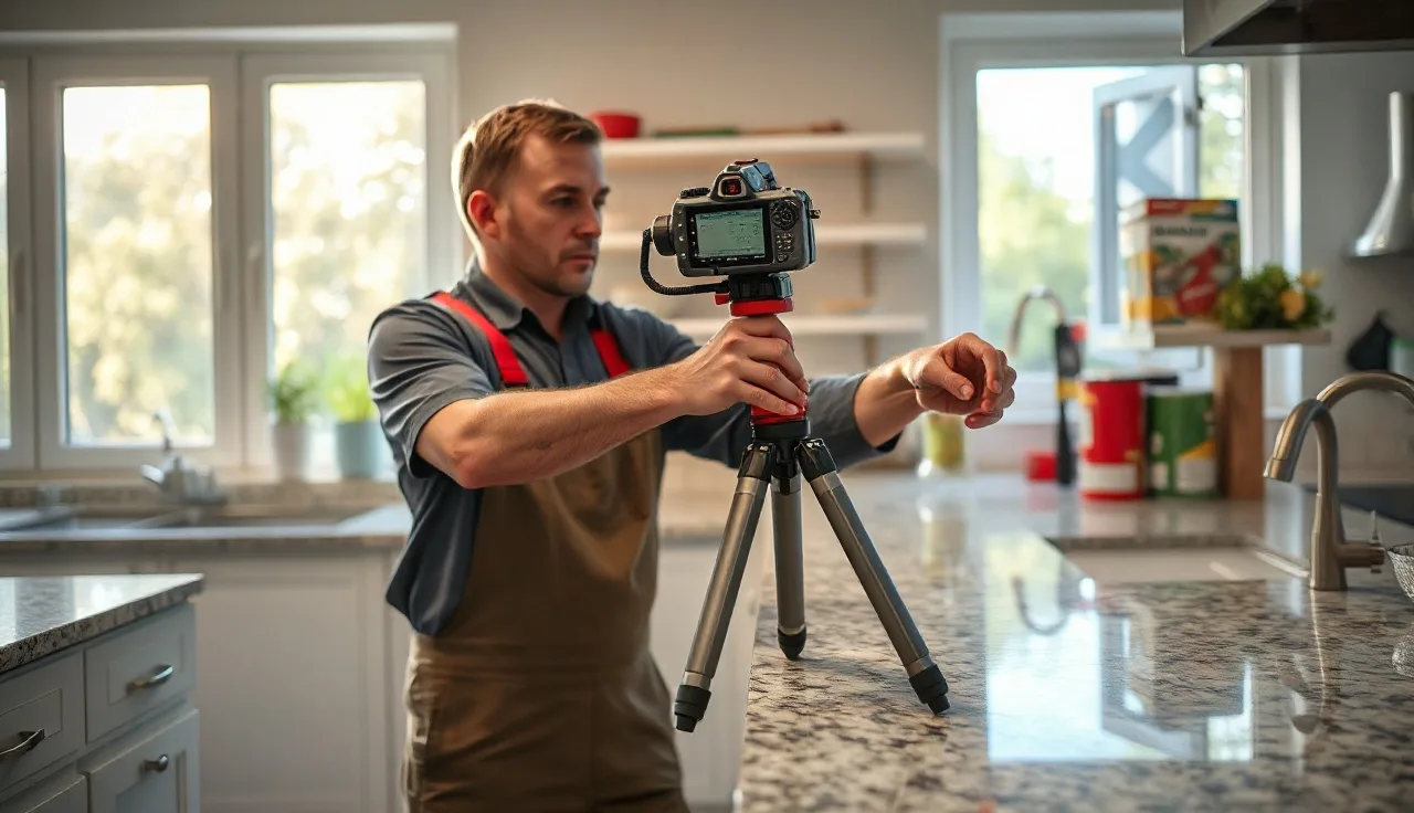 Technician using a Prodim Proliner digital measuring arm on a granite countertop