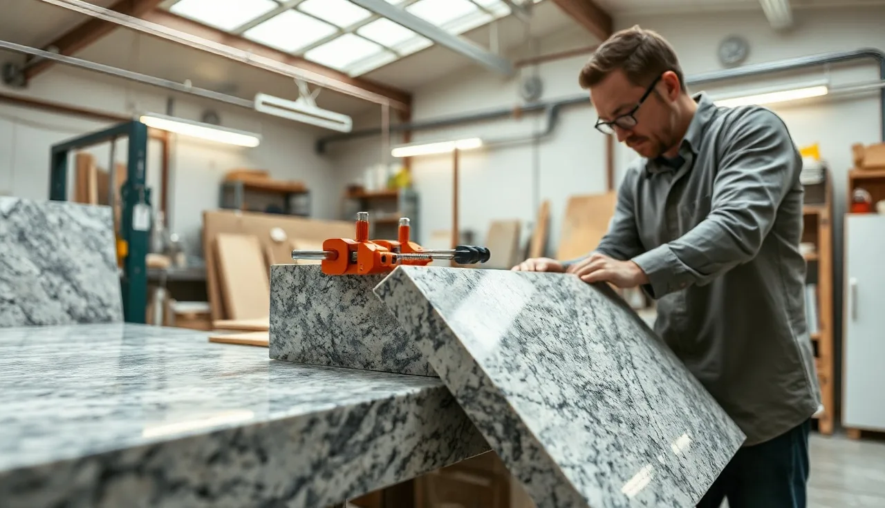 Fabricator using suction cup seam setter tool to clamp two granite countertop slabs