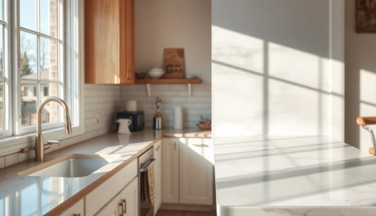 Split view of a kitchen showing old laminate countertop beside new white quartz installation