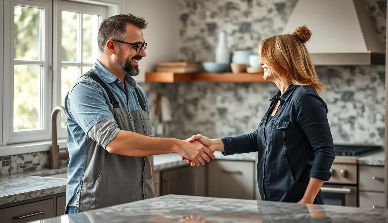 Shop owner and homeowner shaking hands beside a finished granite countertop installation