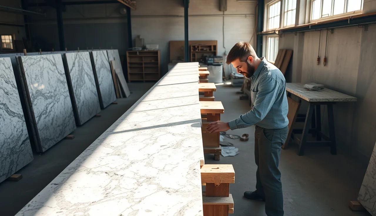 Stone fabrication shop with polished granite slabs and a craftsperson at a worktable