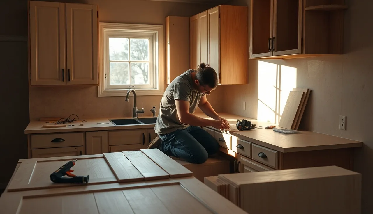 Fabricator building a luan strip countertop template on kitchen cabinets