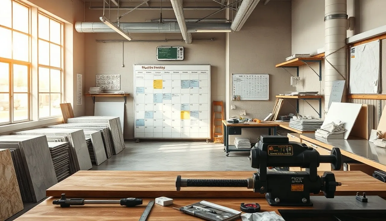Countertop fabrication shop floor with stone slabs and a scheduling board
