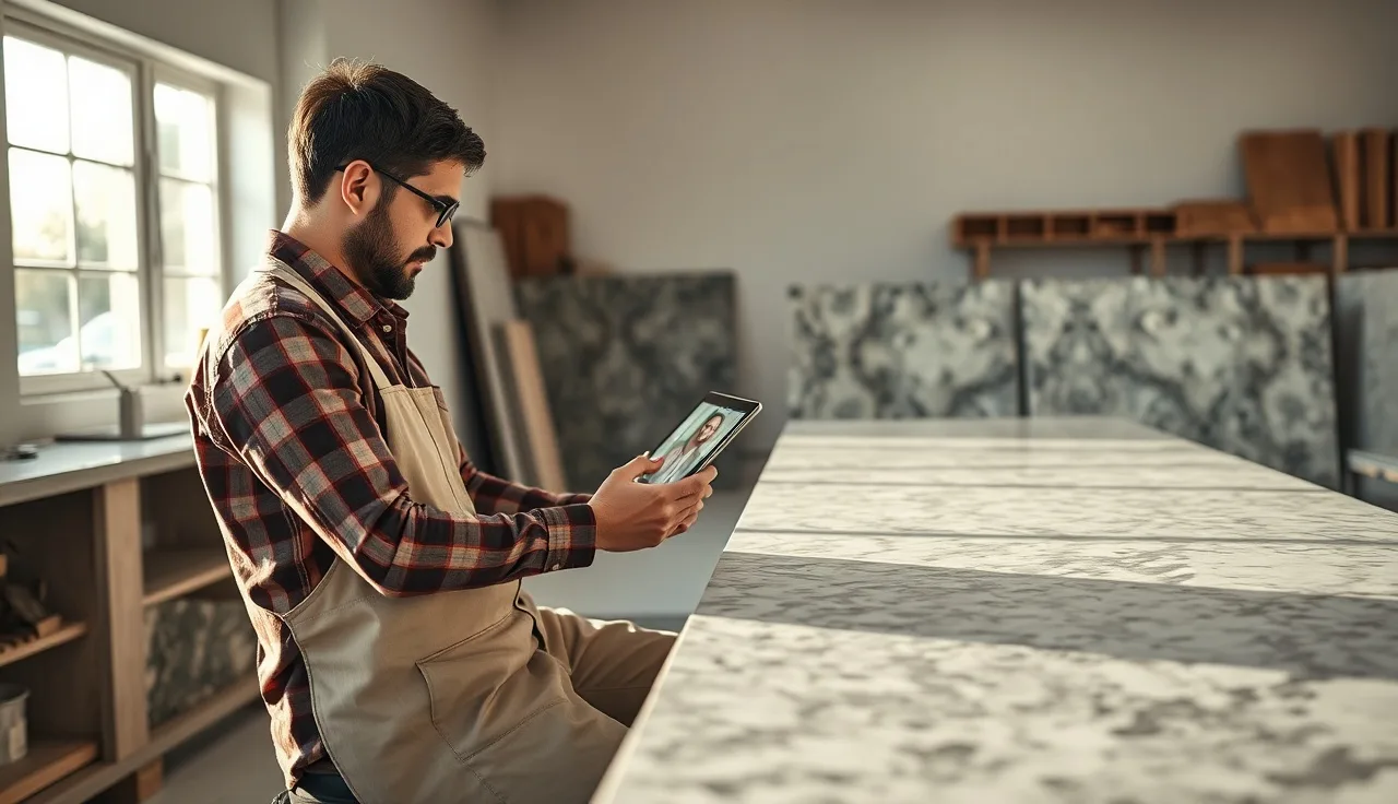 Fabricator on video call with countertop samples arranged on workshop bench