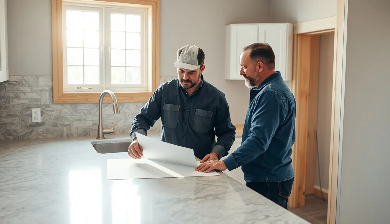 Fabricator and general contractor reviewing countertop template on kitchen cabinets at a remodel job site