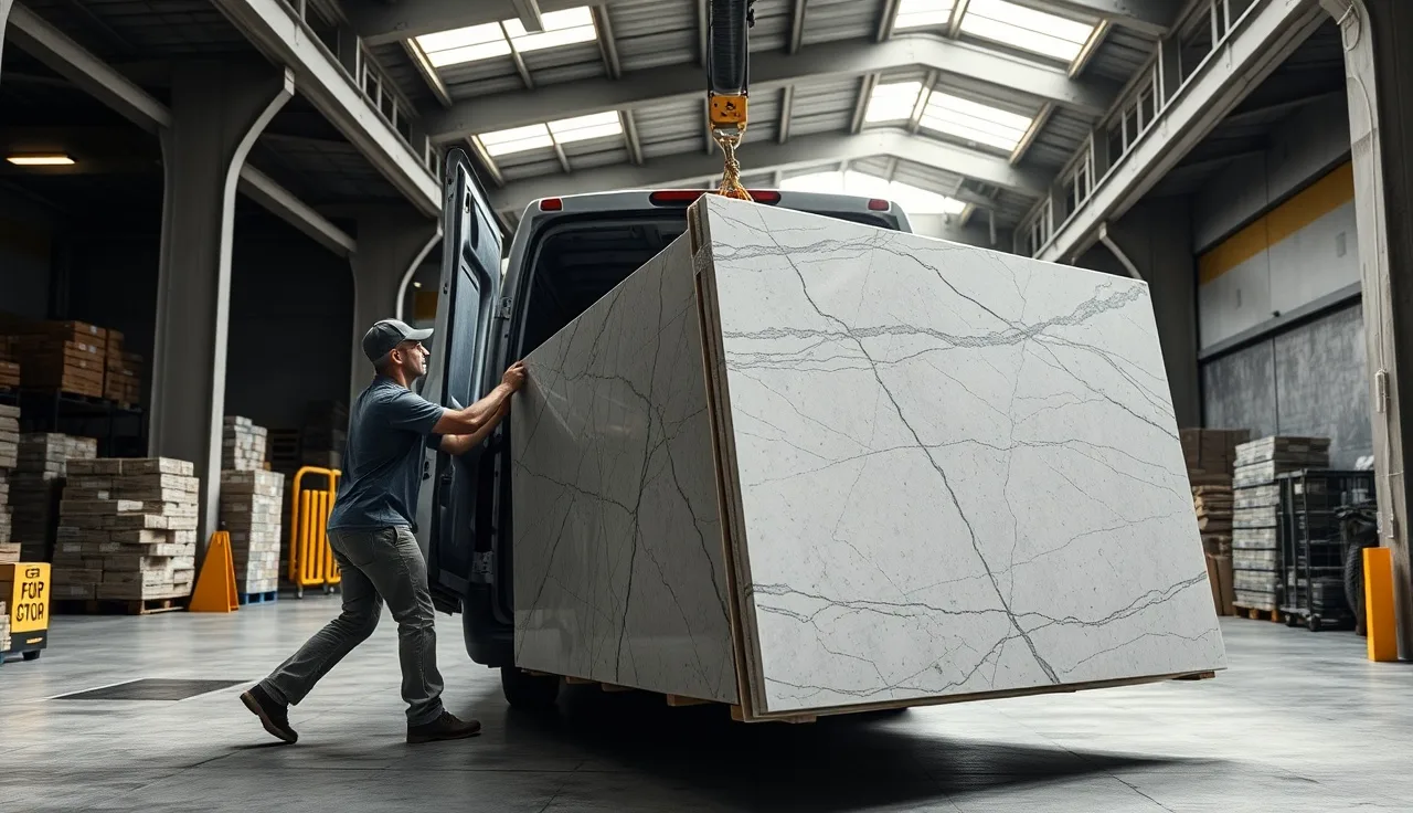 Two workers carrying a foam-wrapped stone countertop slab on edge toward a cargo van
