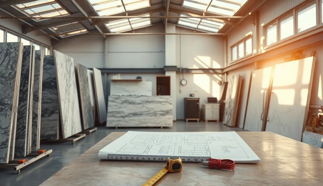 Stone slab fabrication shop with layout drawing on workbench and slabs in background