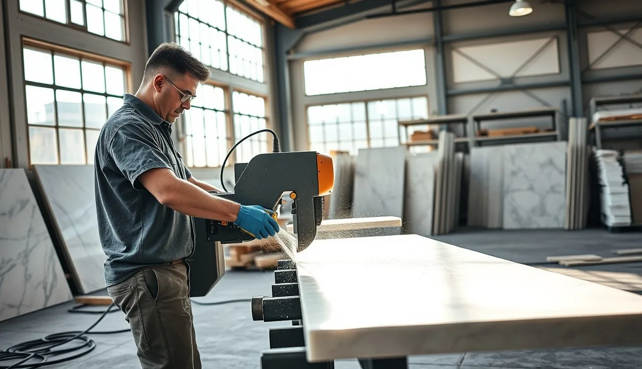Fabrication shop worker in PPE using a wet bridge saw to cut a quartz slab