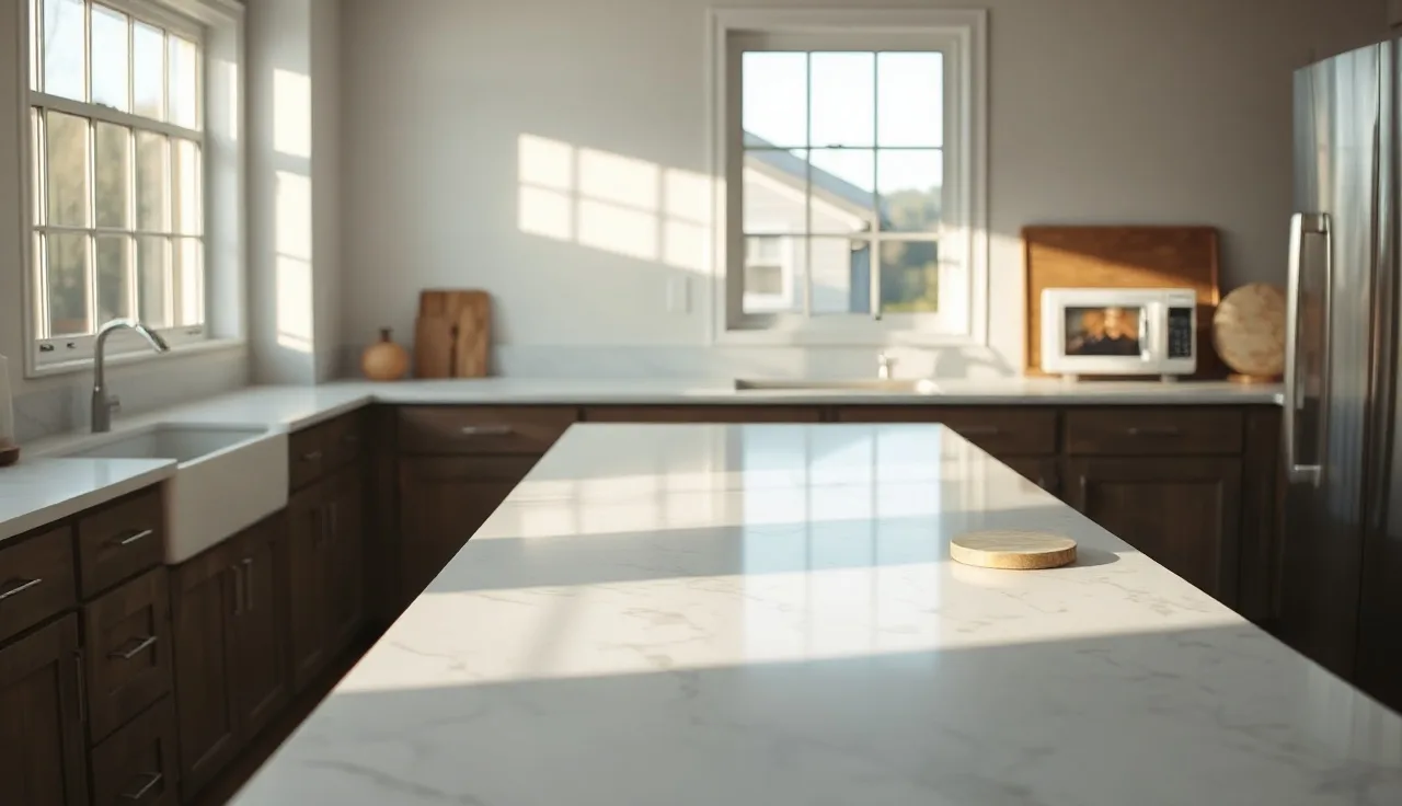 White veined quartz countertop in morning kitchen light with sample chip beside it