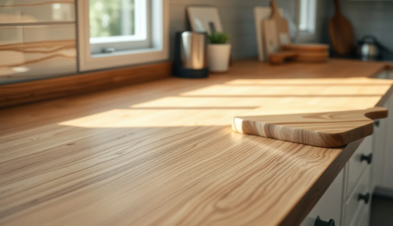 Woodgrain laminate countertop with morning light and a cutting board