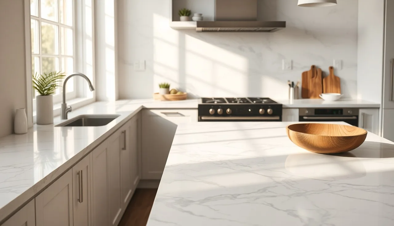 White marble-look quartz countertop in a bright kitchen with morning light