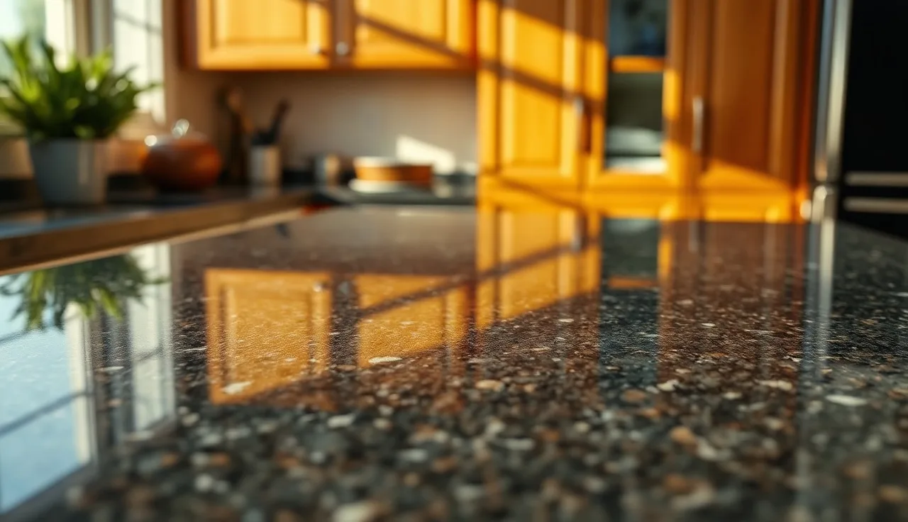 Polished dark granite countertop with natural speckle in a sunlit kitchen