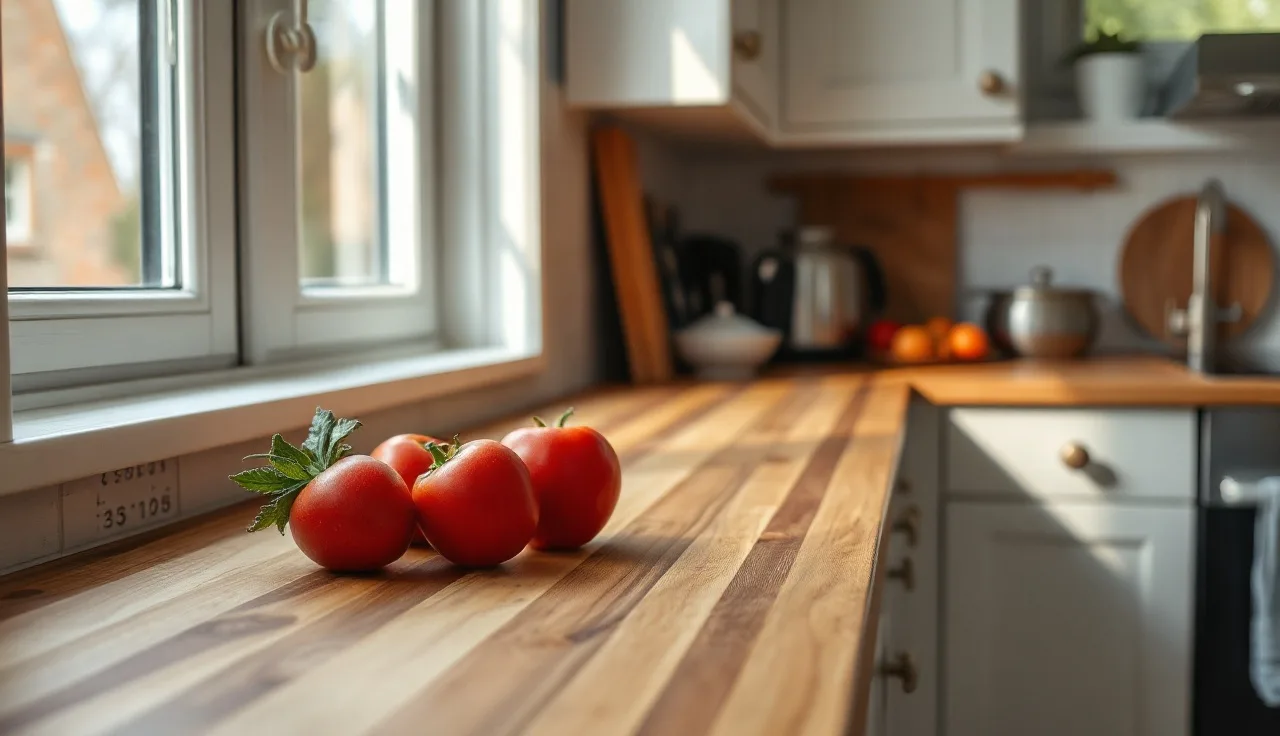 Butcher block kitchen countertop beside white painted cabinets in morning light