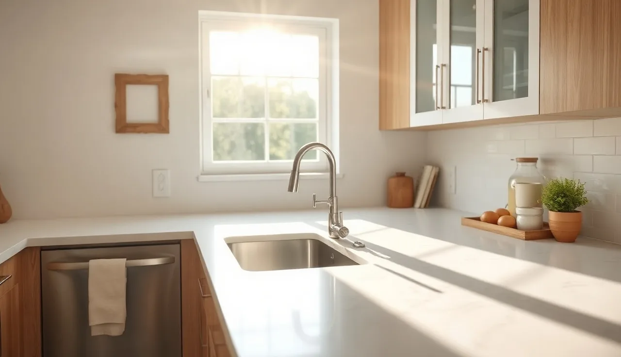 White quartz countertop installed on kitchen cabinets in afternoon sunlight
