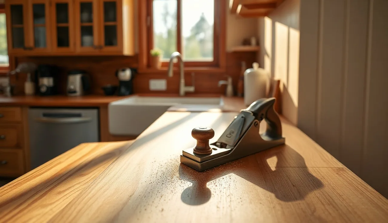 Newly installed maple butcher block countertop in a kitchen with tools nearby