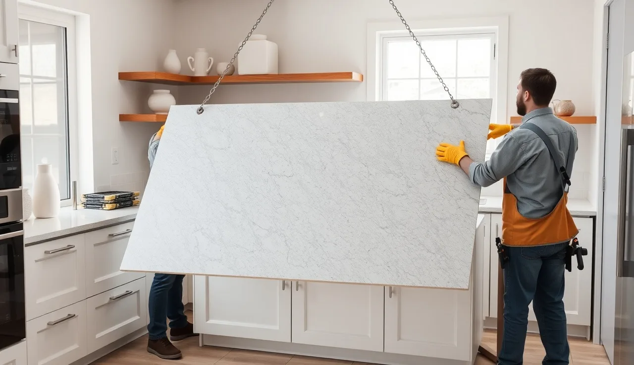Two workers setting a stone countertop slab onto white kitchen cabinets