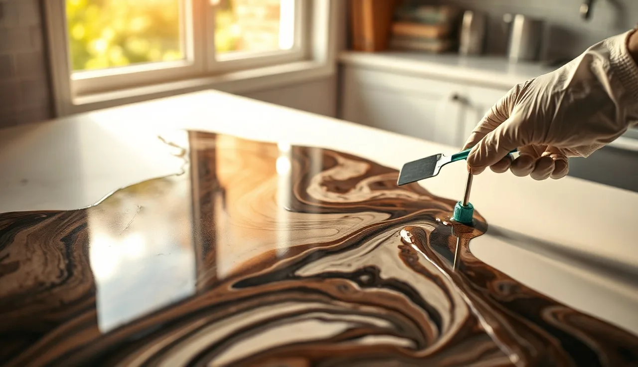 Gloved hands spreading wet epoxy resin across a kitchen countertop surface