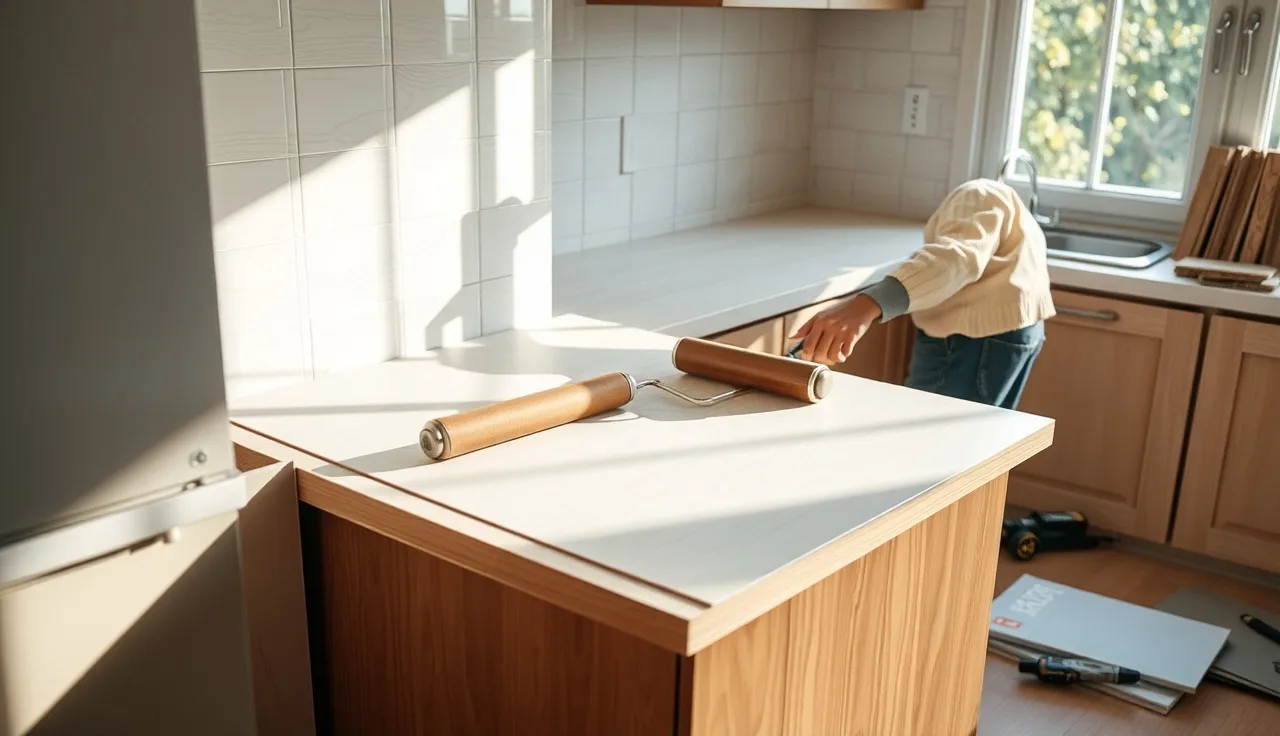 Person using a J-roller to bond Formica laminate sheet onto a kitchen countertop substrate
