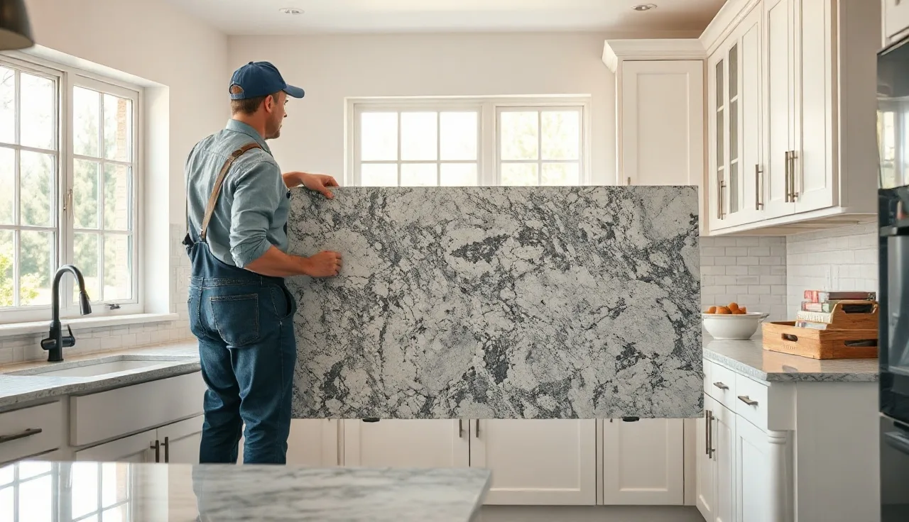 Two installers setting a granite countertop slab onto white kitchen cabinets