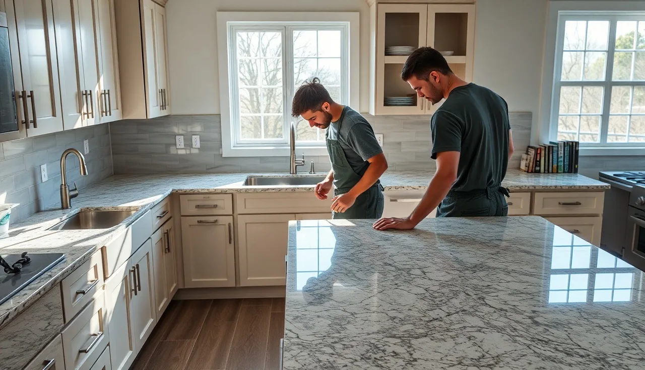 Two fabricators checking a granite countertop seam in a bright kitchen during installation