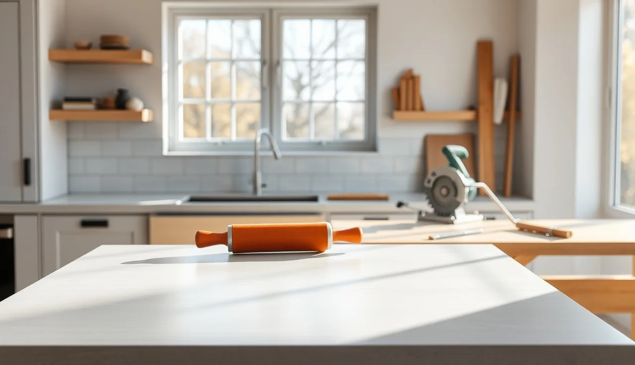 Newly installed laminate countertop in a bright kitchen with installation tools nearby