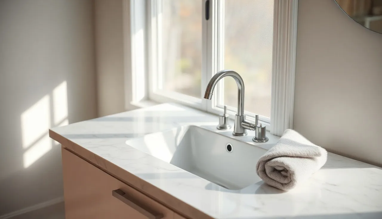White marble vanity countertop with undermount sink freshly installed in a bathroom
