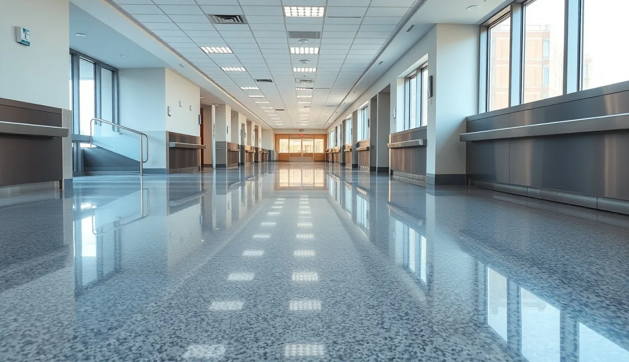 Polished granite flooring in a large institutional hospital corridor with stainless casework