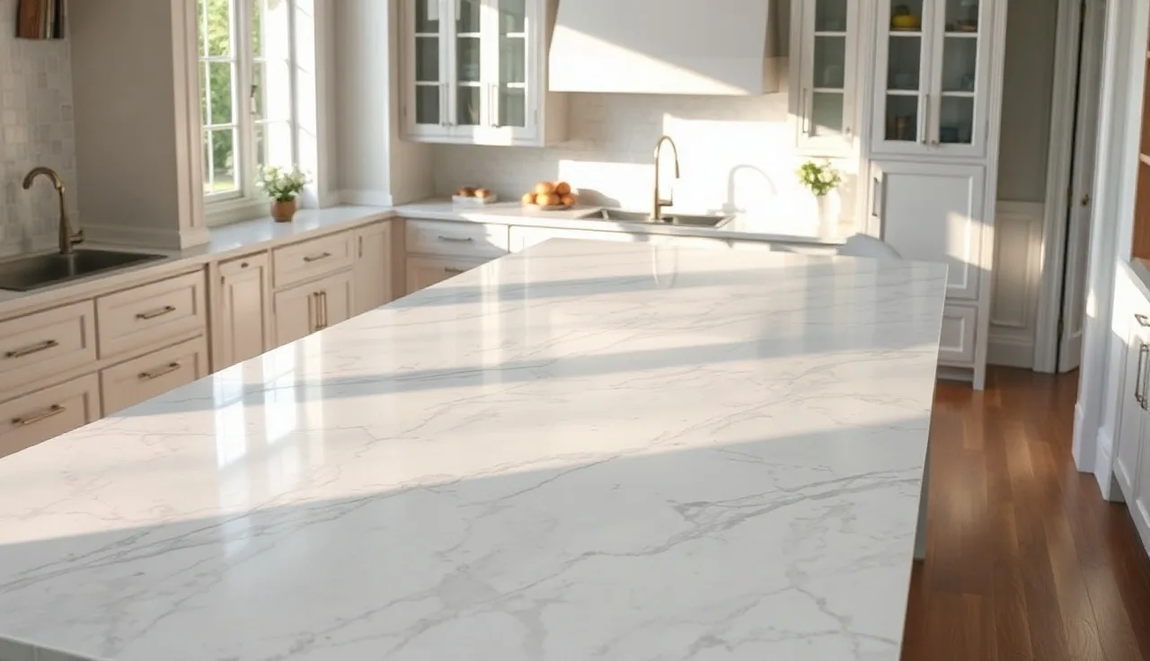 Calacatta marble kitchen island countertop with bold veining in morning light